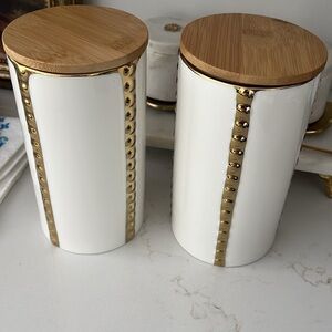 White and Gold Ceramic Canisters with Wooden Lids